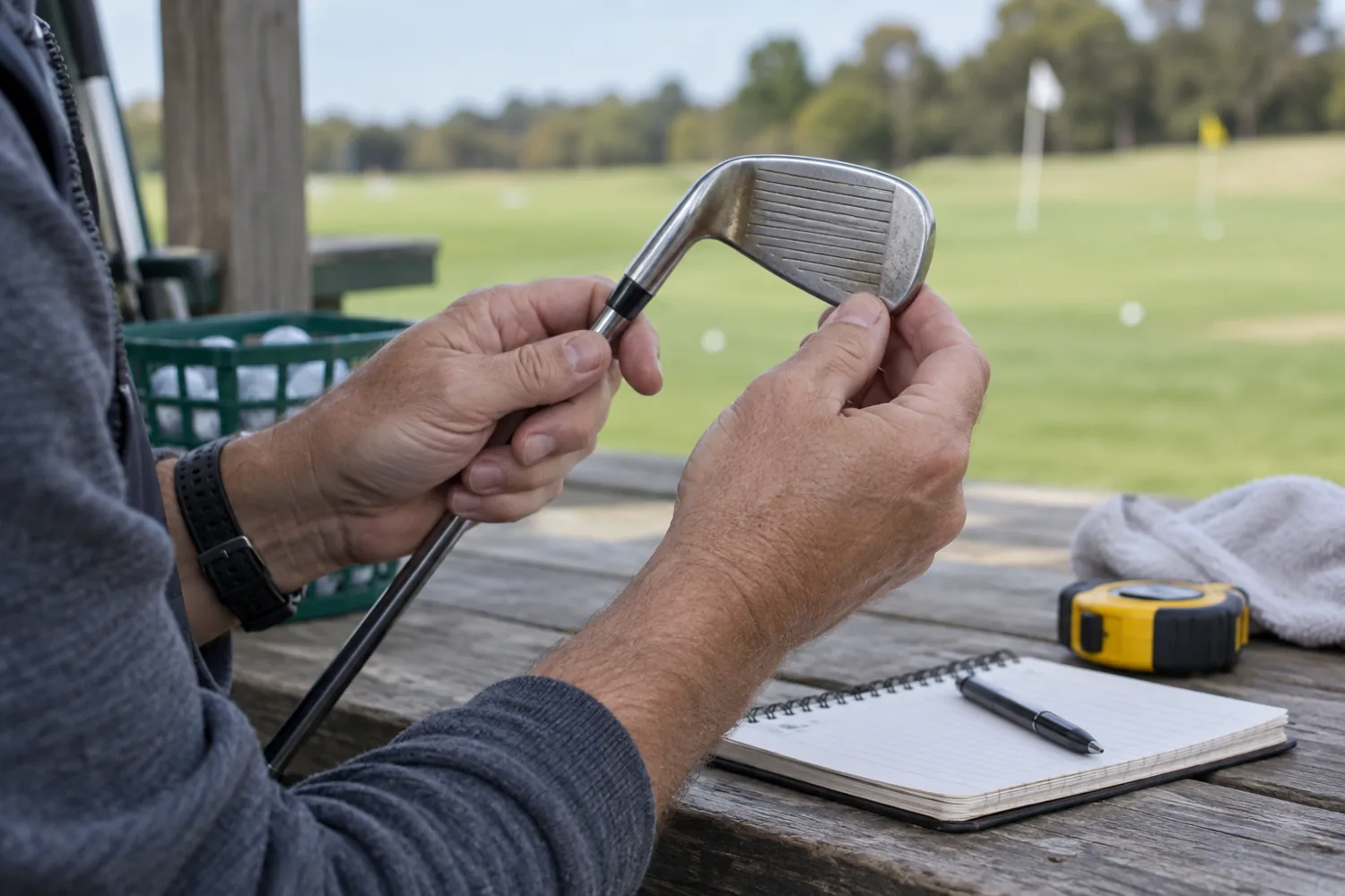 Illustration of a golfer checking the face of a used iron beside a notebook