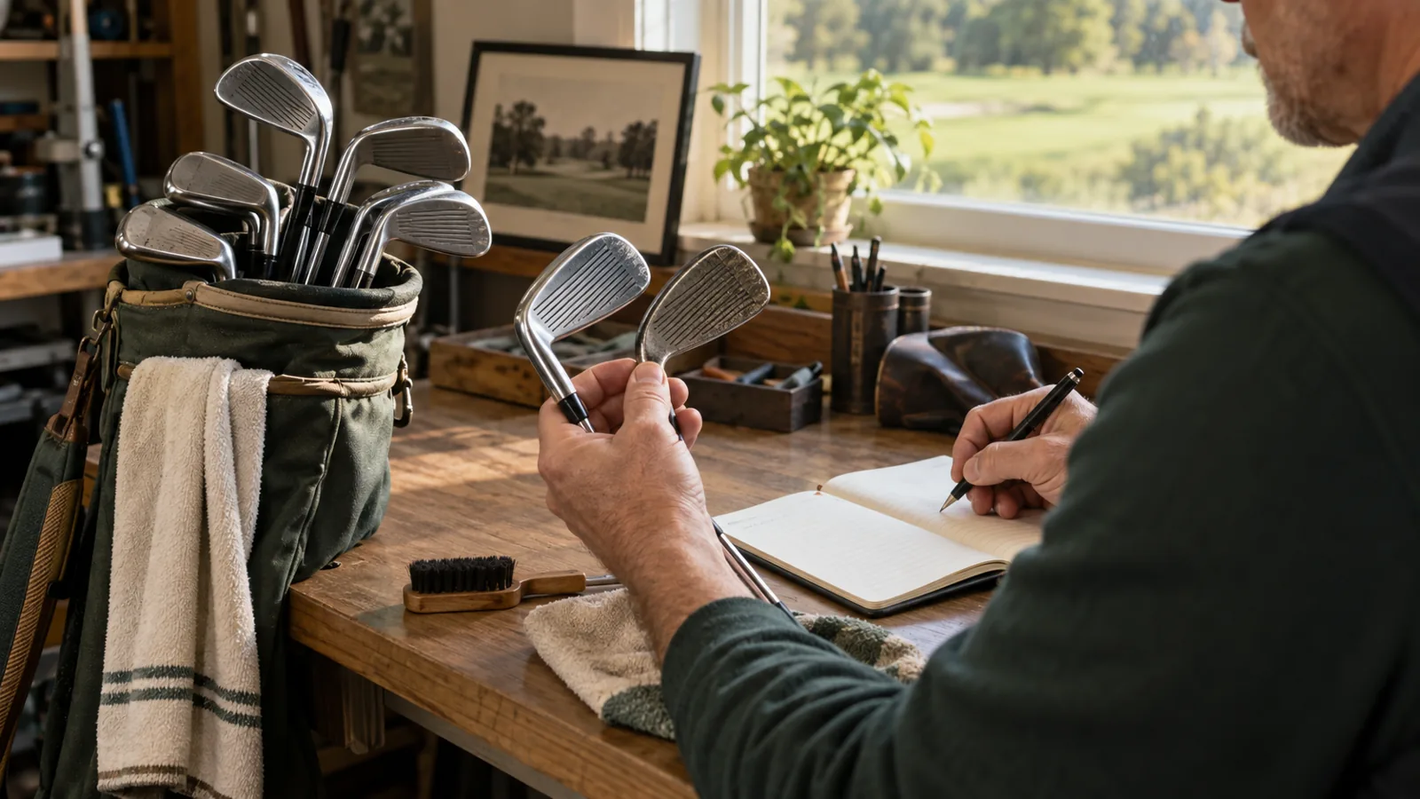 Illustration of a golfer comparing used irons at a workbench