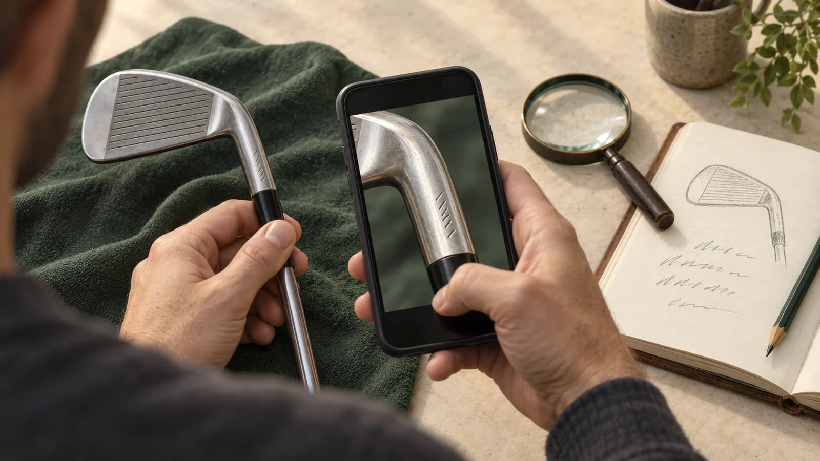 Editorial illustration of hands photographing generic iron hosel markings beside a notebook