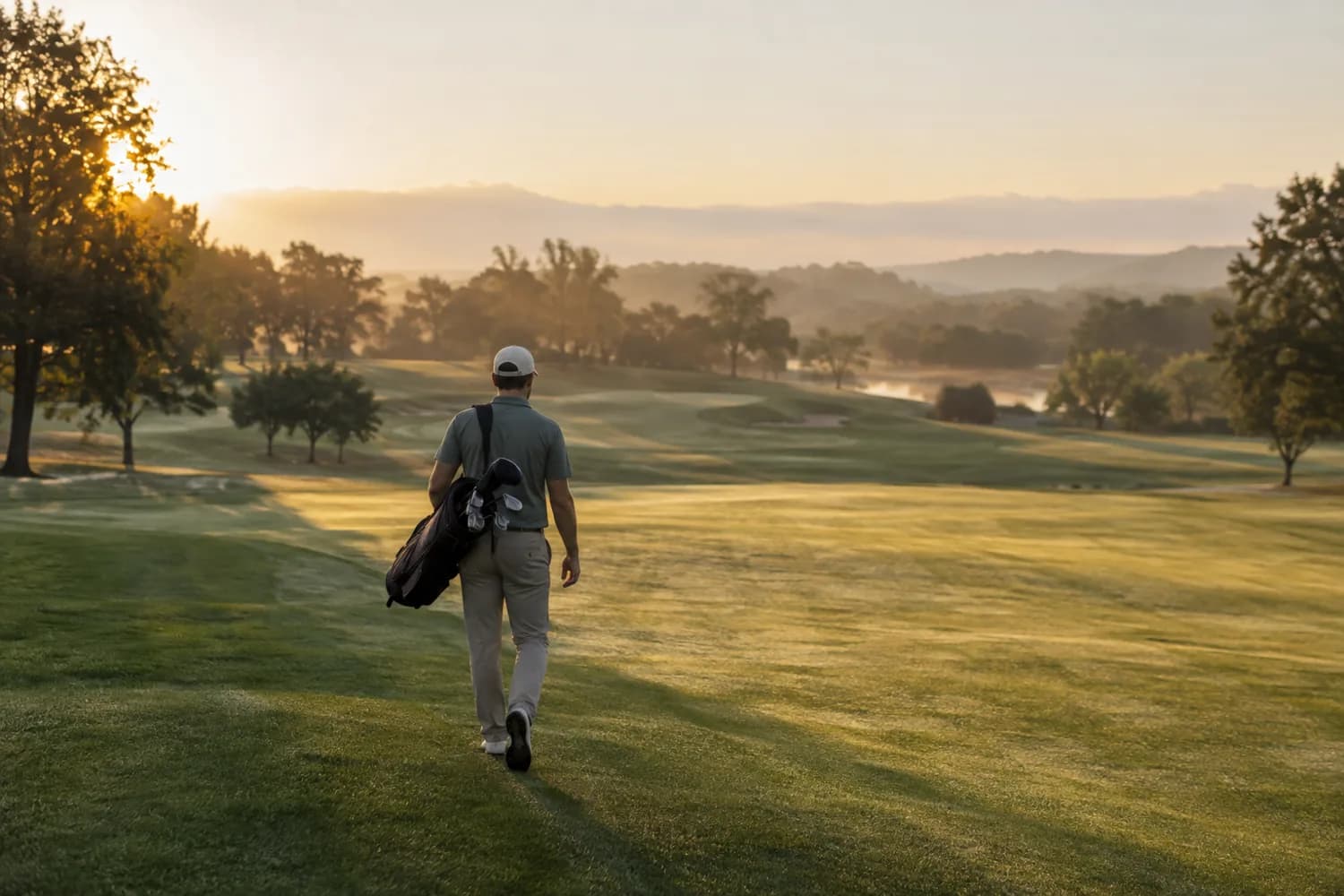 Editorial illustration of a golfer carrying an iron set on a fairway