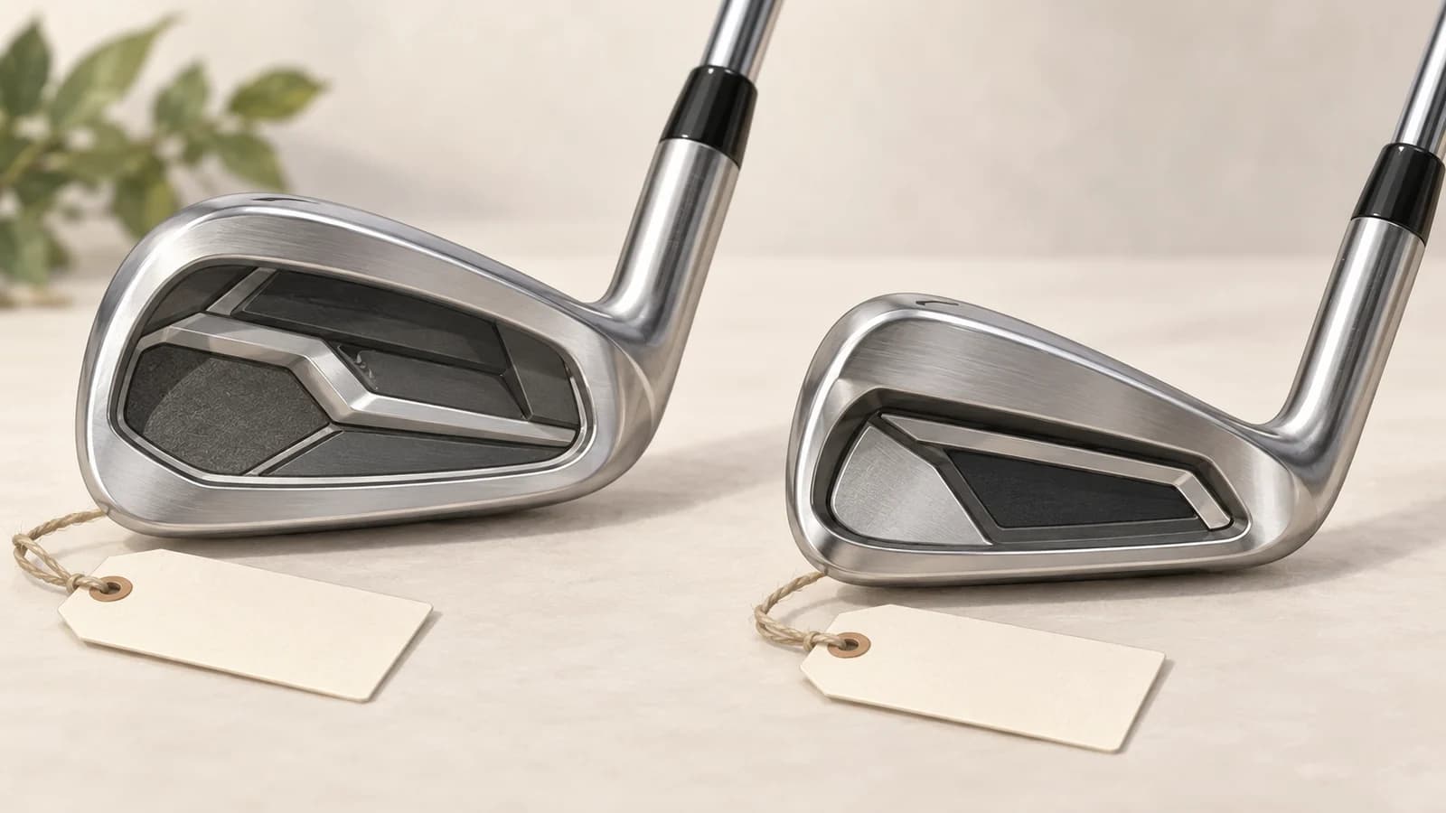 Editorial illustration of two different generic cavity-back iron heads beside blank model tags