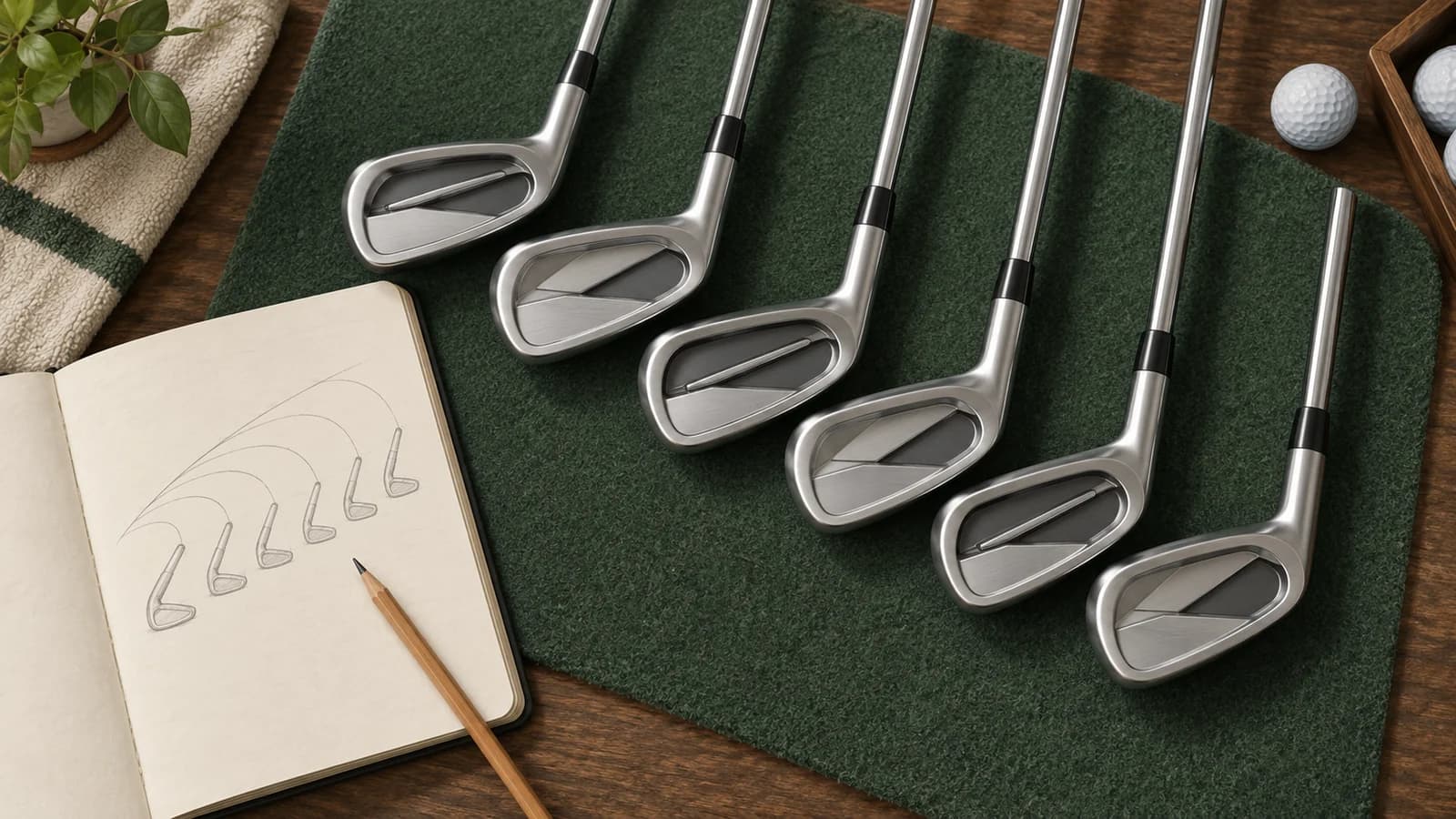 Editorial illustration of six generic irons with two cavity designs arranged beside a notebook