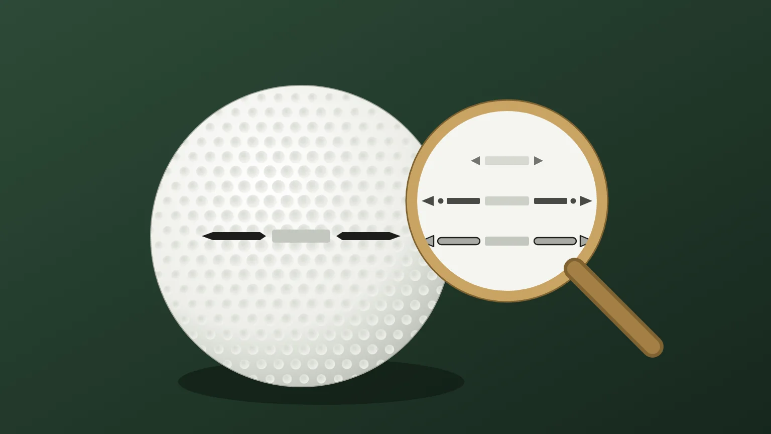 Illustration of a generic white golf ball with a black alignment mark, next to a brass loupe that magnifies three older styles of alignment arrows